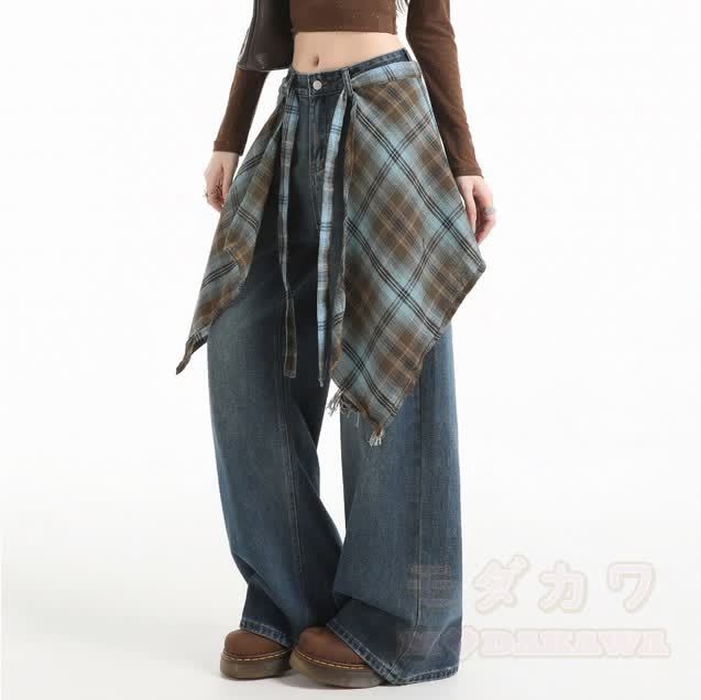 Vintage Wide Leg Ripped Jeans with Plaid Strap - image 4