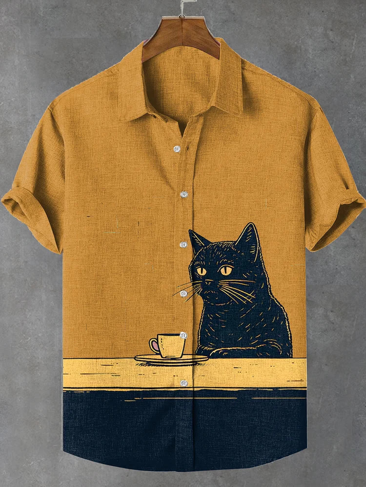 Black Cat Chilling Coffee Art Print Shirt - Khaki - 4XL - image 5