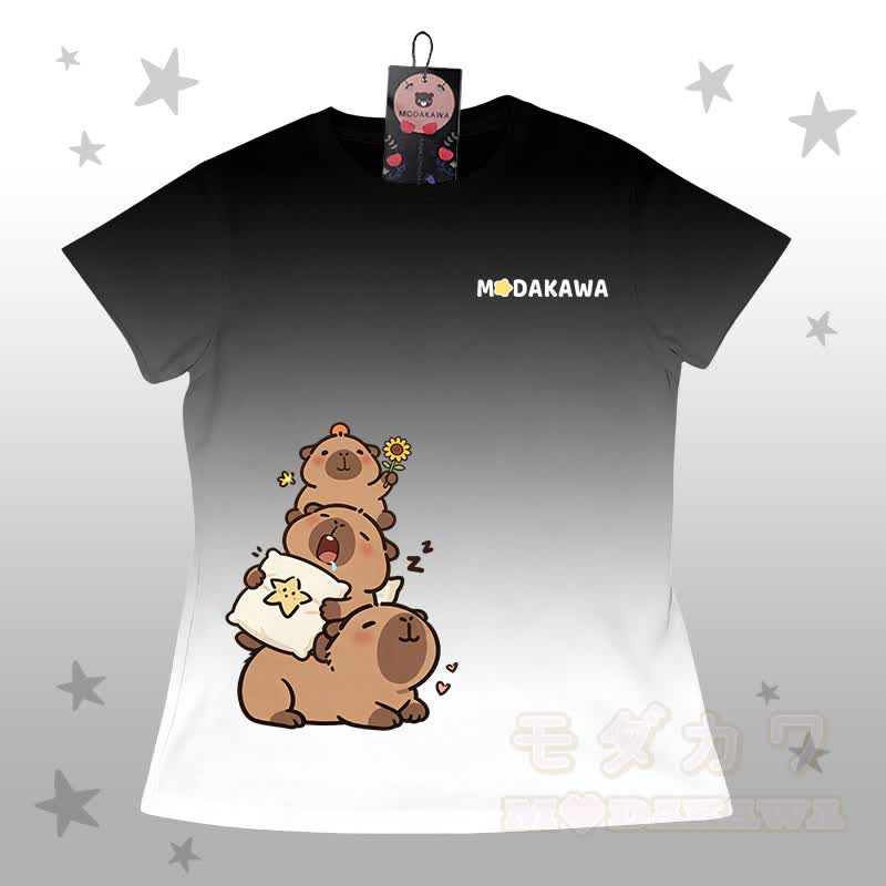 Gradient Capybara Graphic T-shirt Letter Graphic Shorts Modakawa Matching Outfit - Black & White T-shirt - 5XL - image 6