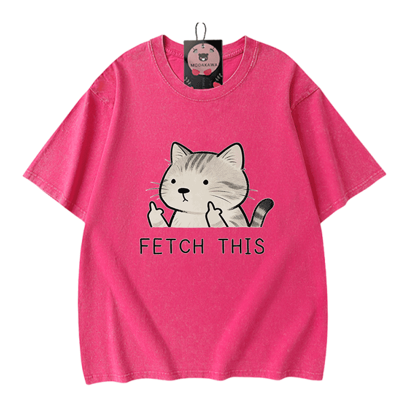FETCH THIS Cat Graphic Modakawa Vintage Washed 100% Cotton T-shirt - Rose Red - 5XL - image 5