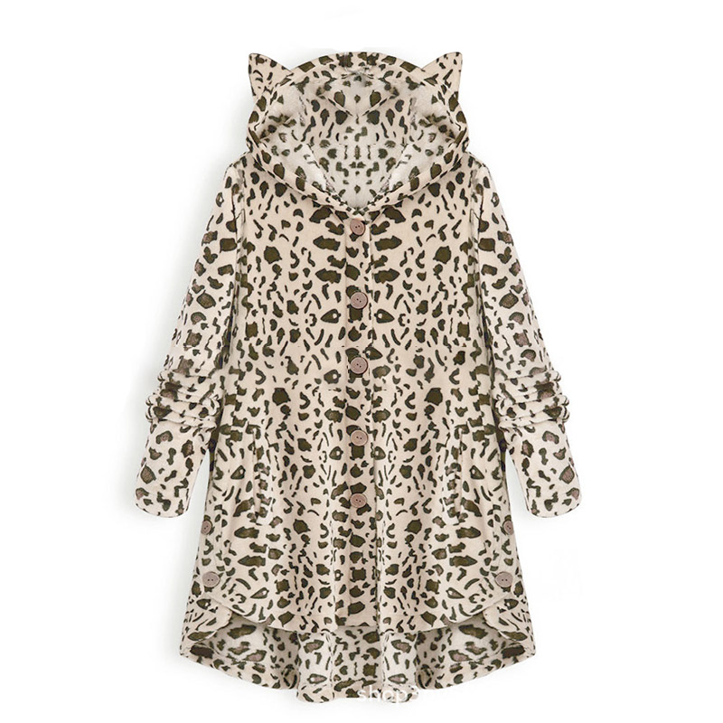 Kitty Ear Button Irregular Hooded Sweatshirt - Light Leopard - 5XL - image 11