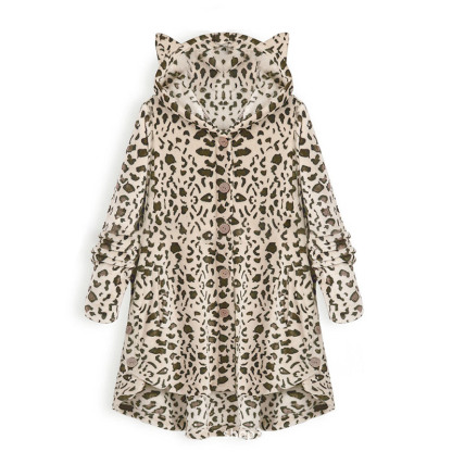 Kitty Ear Button Irregular Hooded Sweatshirt - Light Leopard - 5XL - image 11