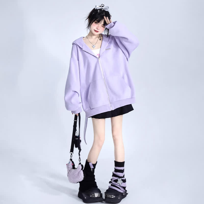Long Bunny Ears Pocket Oversize Zipper Hooded Sweatshirt   - Puprle - 3XL - image 4