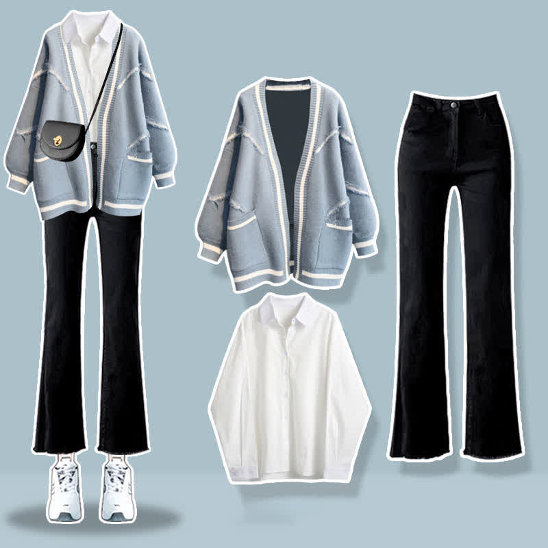 Letter Embroidery Cardigan Sweater Lapel Shirt Denim Pants Matching Outfit - Set B - XL - image 2