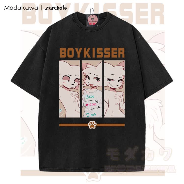 MODAKAWA X zarckets BOYKISSER Anime Cat Character Graphic Vintage Washed T-shirt - Black - 5XL - image 3