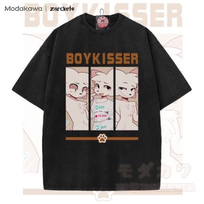 MODAKAWA X zarckets BOYKISSER Anime Cat Character Graphic Vintage Washed T-shirt - Black - 5XL - image 3
