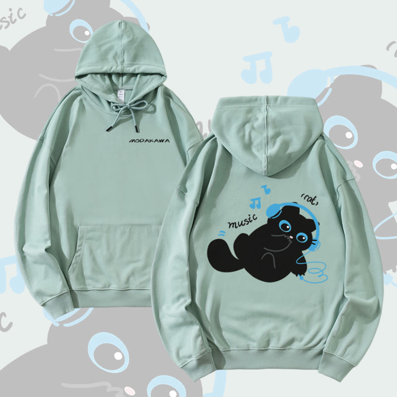 MODAKAWA Black Cat Listening to Music Graphic Cotton-Blend Matching Hoodie - Green - 5XL - image 2