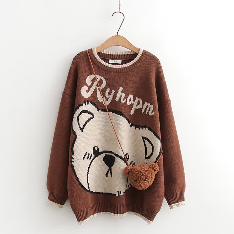 Bear Print Round Collar Sweater With Crossbody Bag - Coffee - One Size - image 5
