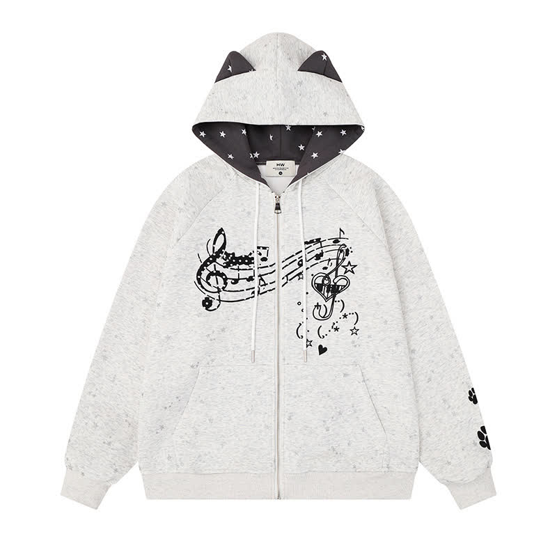 High Quality Cartoon Cat Ear Graphic Zip Up Hooded Sweatshirt - Grey - XL - image 4