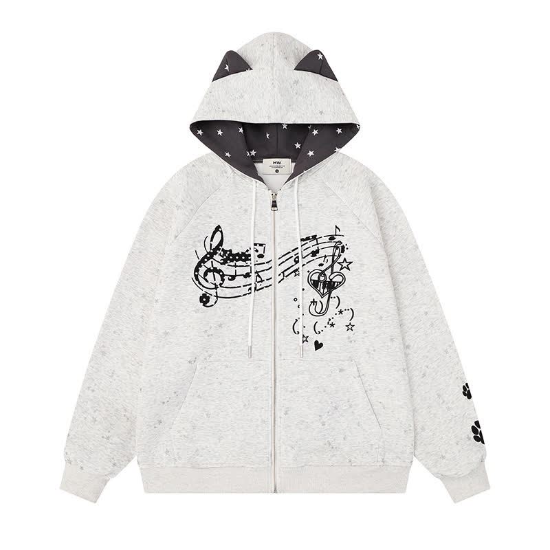 High Quality Cartoon Cat Ear Graphic Zip Up Hooded Sweatshirt - Grey - XL - image 4