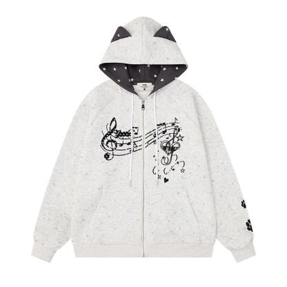 High Quality Cartoon Cat Ear Graphic Zip Up Hooded Sweatshirt - Grey - XL - image 4