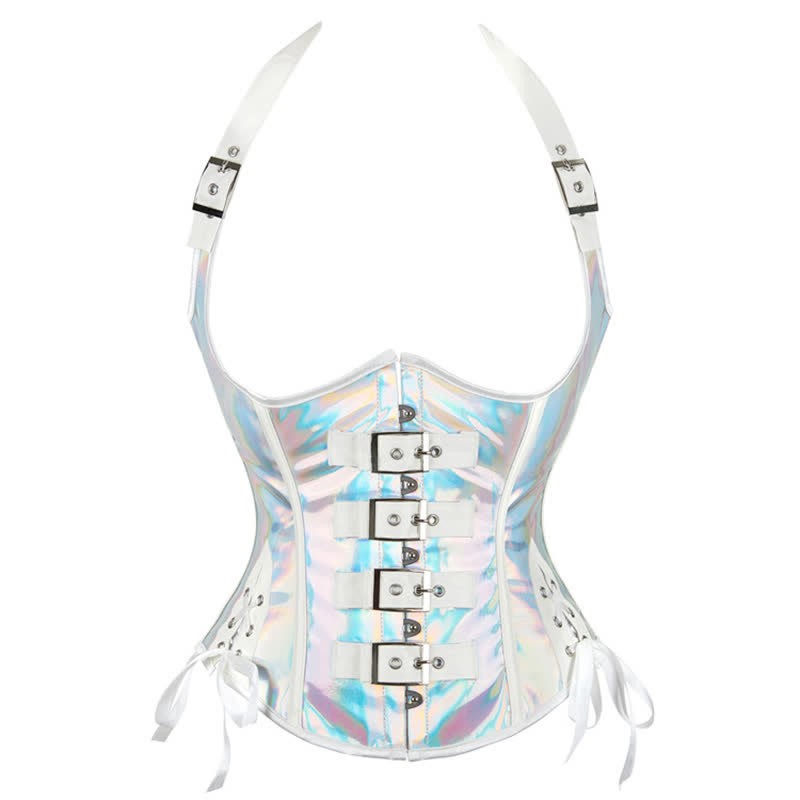 Steampunk Halter Lace Up PU Corset Tops - Silver - 2XL - image 2