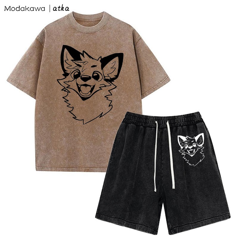 MODAKAWA X atka Fox T-shirt Vintage Washed Shorts Two Pieces Set - Brown&Black - 3XL - image 14