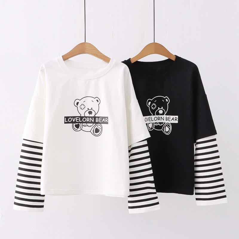 Cartoon Bear Letter Print Stripe Sleeve Sweatshirt - image 3
