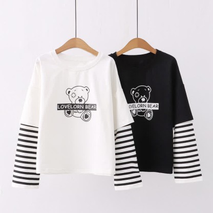 Cartoon Bear Letter Print Stripe Sleeve Sweatshirt - image 3