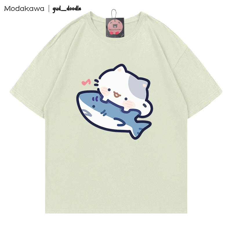 MODAKAWA X gud_doodle Kitty Shark Print T-shirt - Green - 5XL - image 7