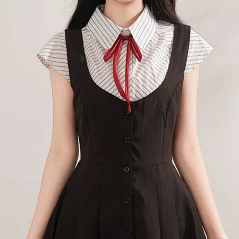 College Style Striped Short Sleeve Shirt Sleeveless Dress Two Pieces Set  - image 7