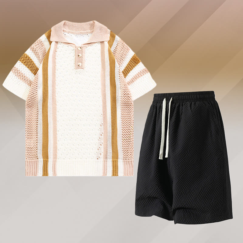 Stripe Open Knit Polo Shirt Textured Drawstring Shorts Modakawa Matching Outfit - Two Pieces Set E - 3XL - image 5