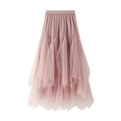  College Style Print Short Sleeve T-shirt Irregular Tulle Skirt Two Pieces Set - Pink Skirt - XL - image 20