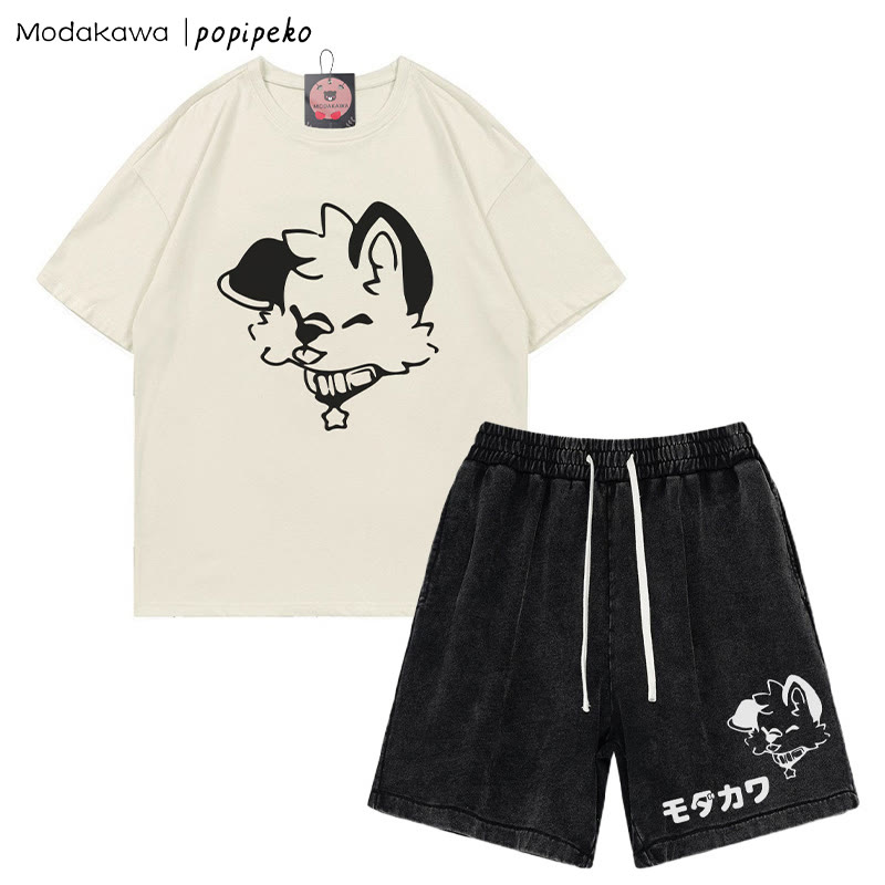 MODAKAWA X popipeko Puppy Letter T-shirt Vintage Washed Shorts Two Pieces Set - Apricot&Black - 3XL - image 5