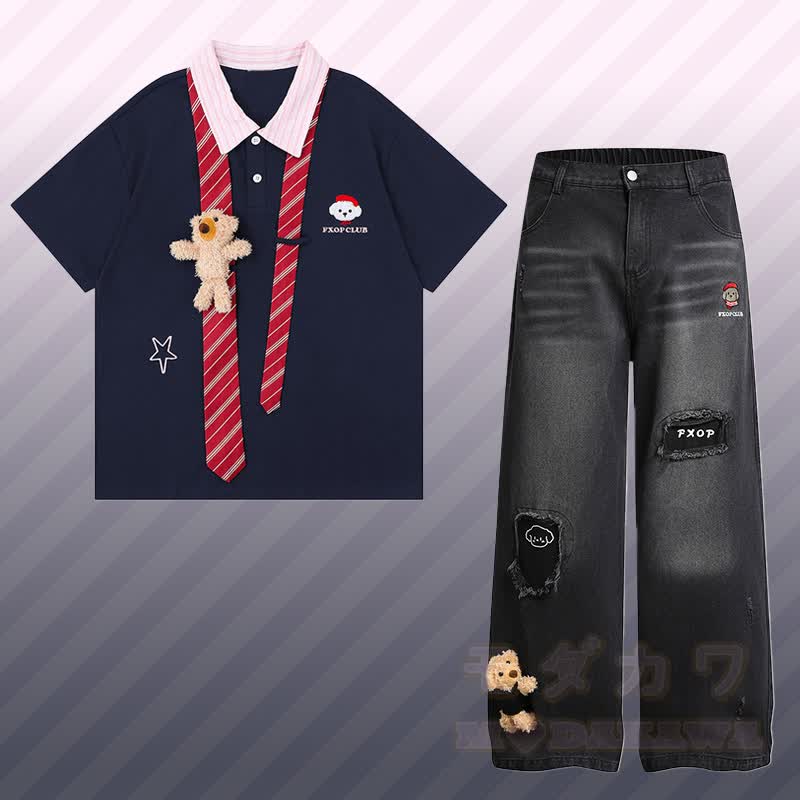 3D Bear Stripe Tie Color Block Polo T-shirt Ripped Denim Pants Modakawa Matching Outfit - Set C - XL - image 3