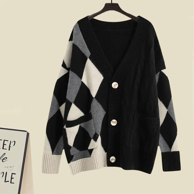 Rhombus Print Cardigan Sweater Long Sleeve T-Shirt Casual Pants Matching Outfit - Sweater - XL - image 4