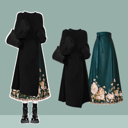 Knit Sweater Dress Flower Print Horse-face Skirt Matching Outfit - Set I - 3XL - image 11