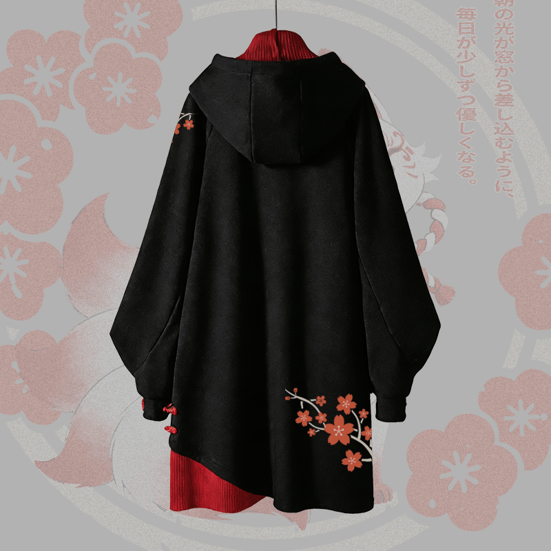 Cherry Blossom Nine-Tailed Fox Graphic Buckle Vintage Hooded Sweatshirt Dress - image 2