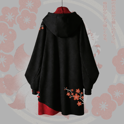 Cherry Blossom Nine-Tailed Fox Graphic Buckle Vintage Hooded Sweatshirt Dress - image 2