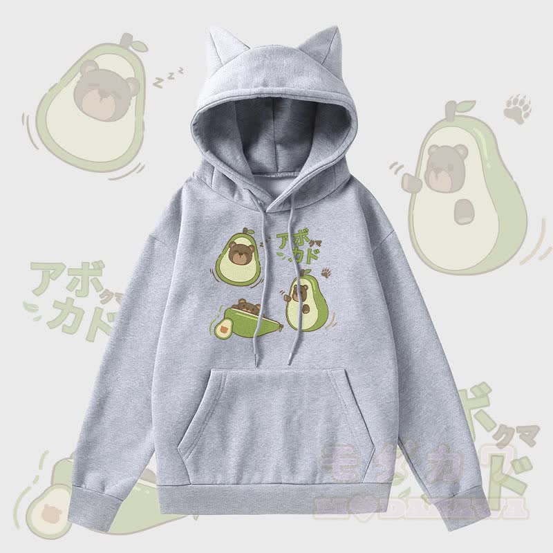 MODAKAWA Avocado Bear Graphic Pocket Fleece Lined Hoodie with Cat Ears  - Grey - 2XL - image 3