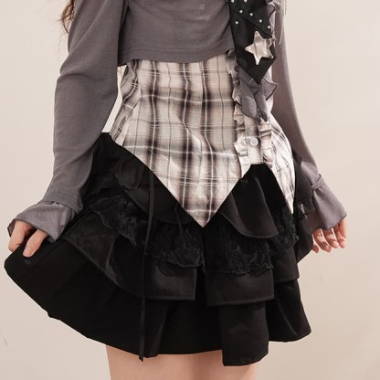 Y2K Knit Cover-Up with Plaid Shirt and Tiered Mini Skirt Three Pieces Set - Black Skirt - XL - image 10
