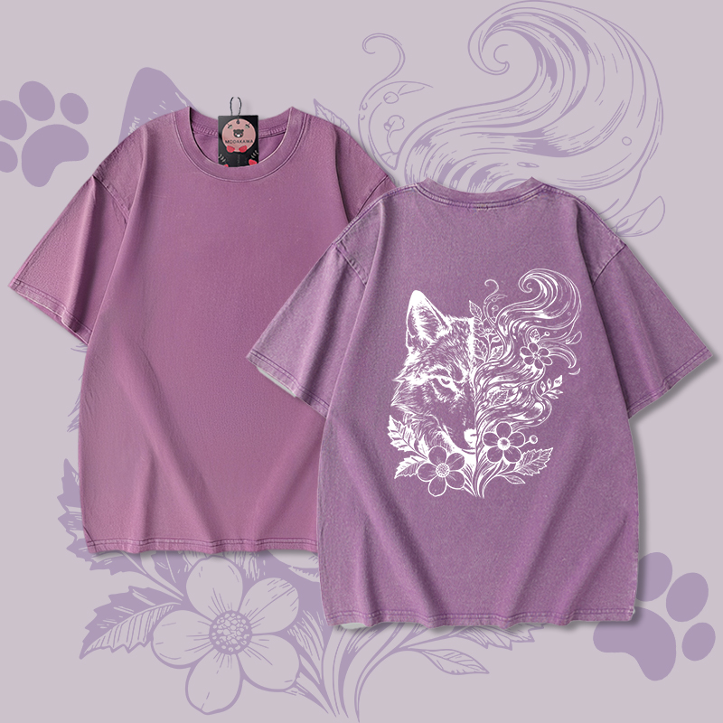 Wolf Floral Graphic Modakawa Unisex Vintage Washed T-shirt - Purple - 5XL - image 5