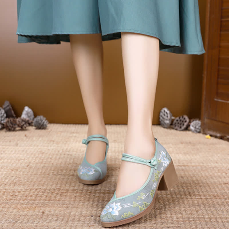 Vintage Floral Embroidery Canvas High Heel Shoes - image 1