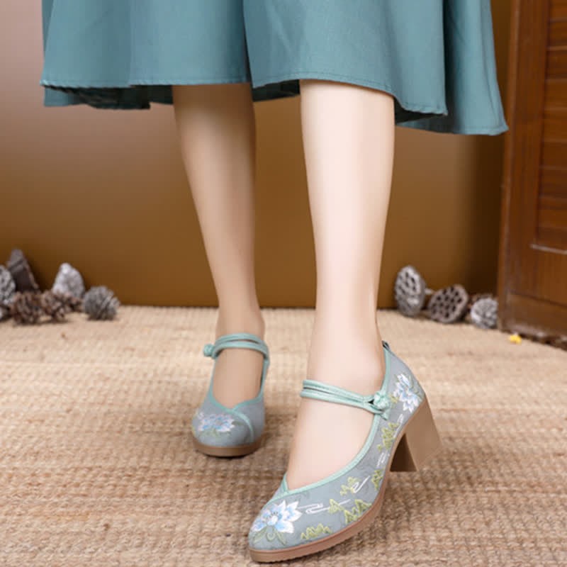 Vintage Floral Embroidery Canvas High Heel Shoes - image 1
