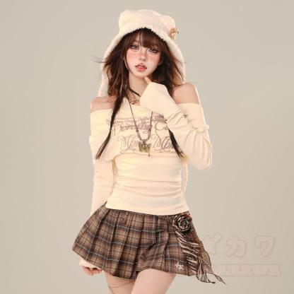 Cool Off-Shoulder Long Sleeves T-Shirt - Apricot - XL - image 8