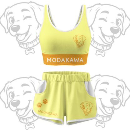 Happy Puppy Graphic Crop Tank Sport Top Shorts Bikini Modakawa Matching Outfit - Yellow Set - 5XL - image 14