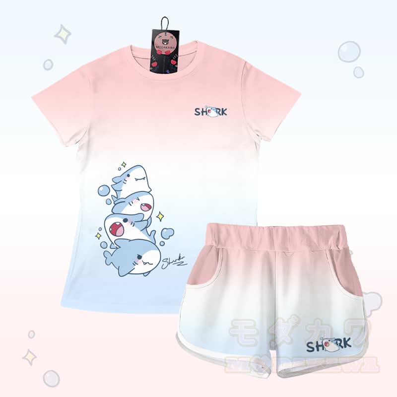 Gradient Shark Graphic T-shirt Letter Graphic Shorts Modakawa Matching Outfit - Pink & Blue Set - 5XL - image 3