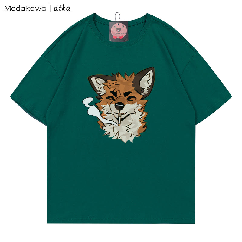 MODAKAWA X atka Fox Smoking Graphic T-shirt - Olive Green - 5XL - image 5