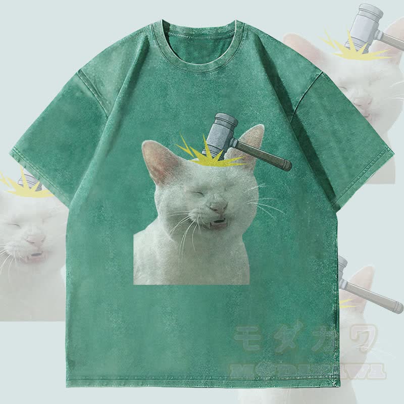 MODAKAWA Bonked Cat Graphic Unisex Vintage Washed T-Shirt - Green - 4XL - image 3