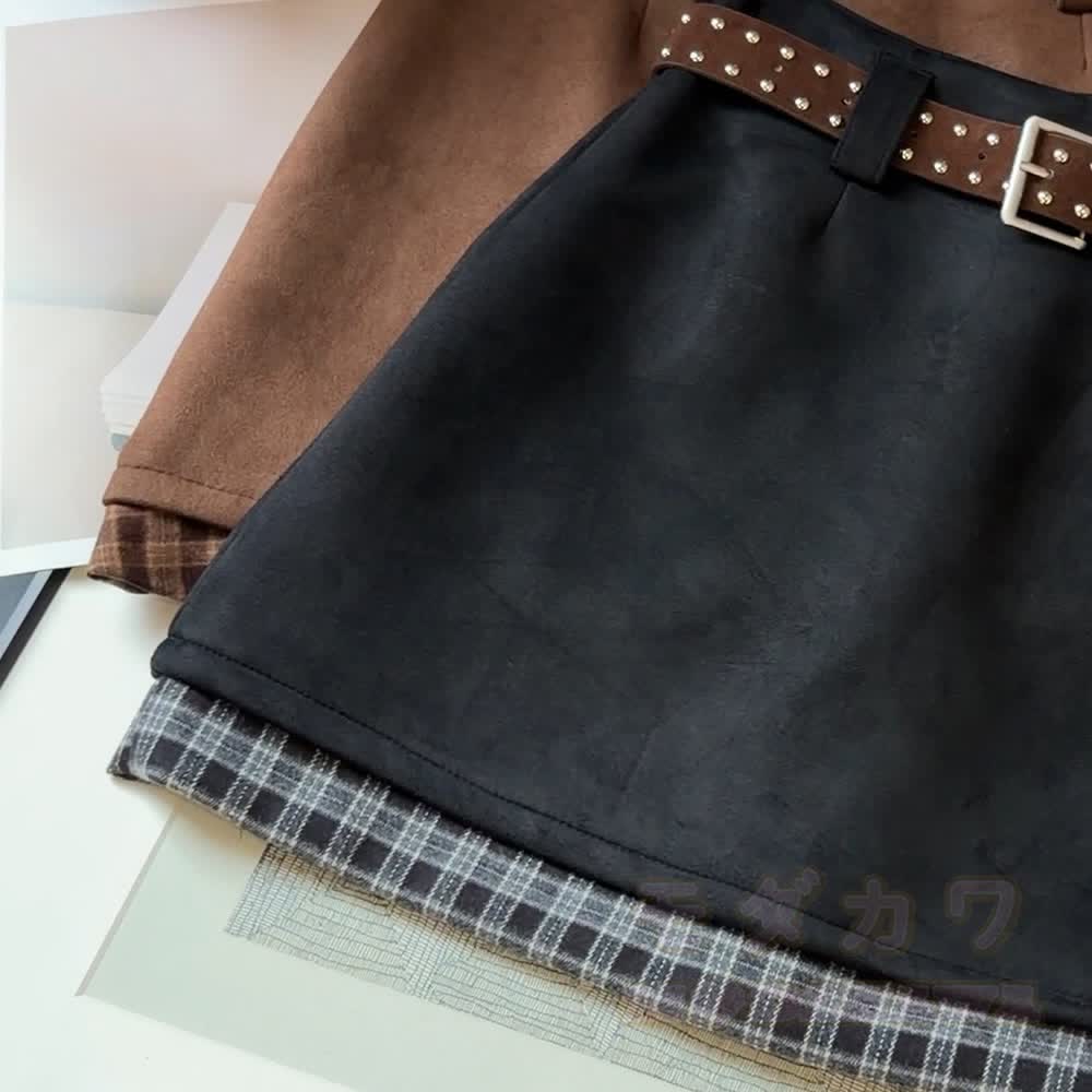 Vintage Plaid Contrast Suede Layered Skirt - image 5
