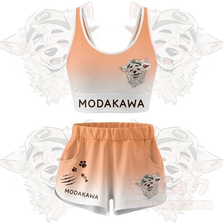 MODAKAWA X atka Fox Wants Meat Graphic Crop Tank Sport Top Shorts Bikini Matching Outfit - Orange Set - 5XL - image 10