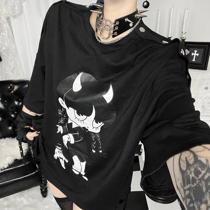 Sweet Kawaii Devil Girl Print Oversized Off Shoulder Short Sleeve T-Shirt - image 4