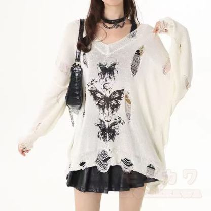 Butterfly Print Distressed Cut Out Off Shoulder Long Sleeve Knit Top - White Top - 2XL - image 6