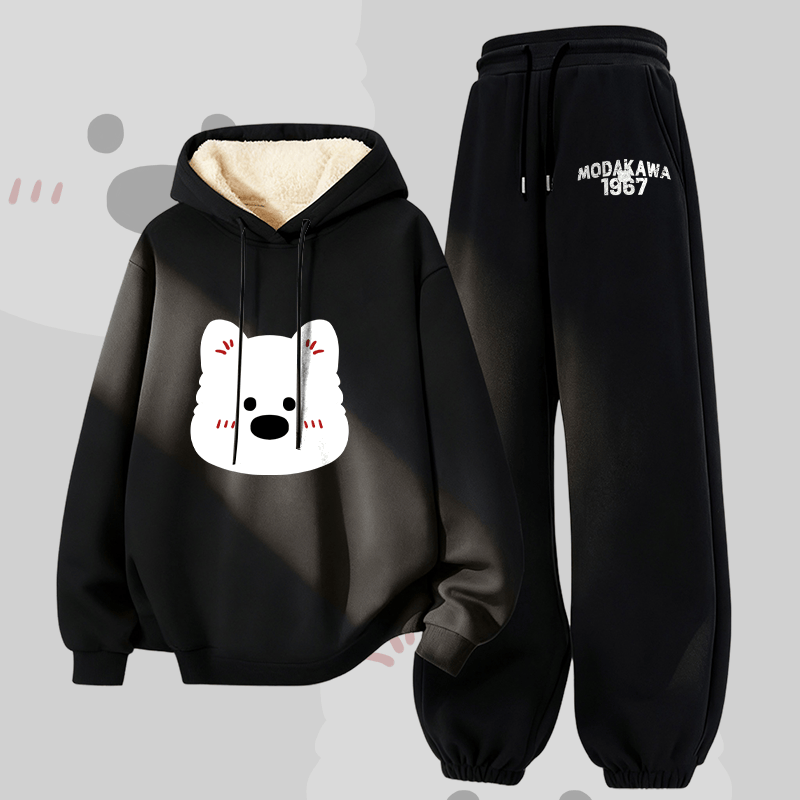MODAKAWA Cute Bear Graphic Thick Fleece Lined Hoodie Pants Two Pieces Set - Black - 5XL - image 4
