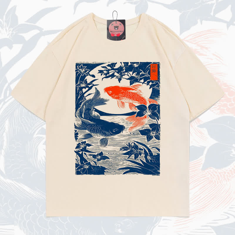 MODAKAWA Fish Print Short Sleeve T-Shirt - Beige - 5XL - image 9