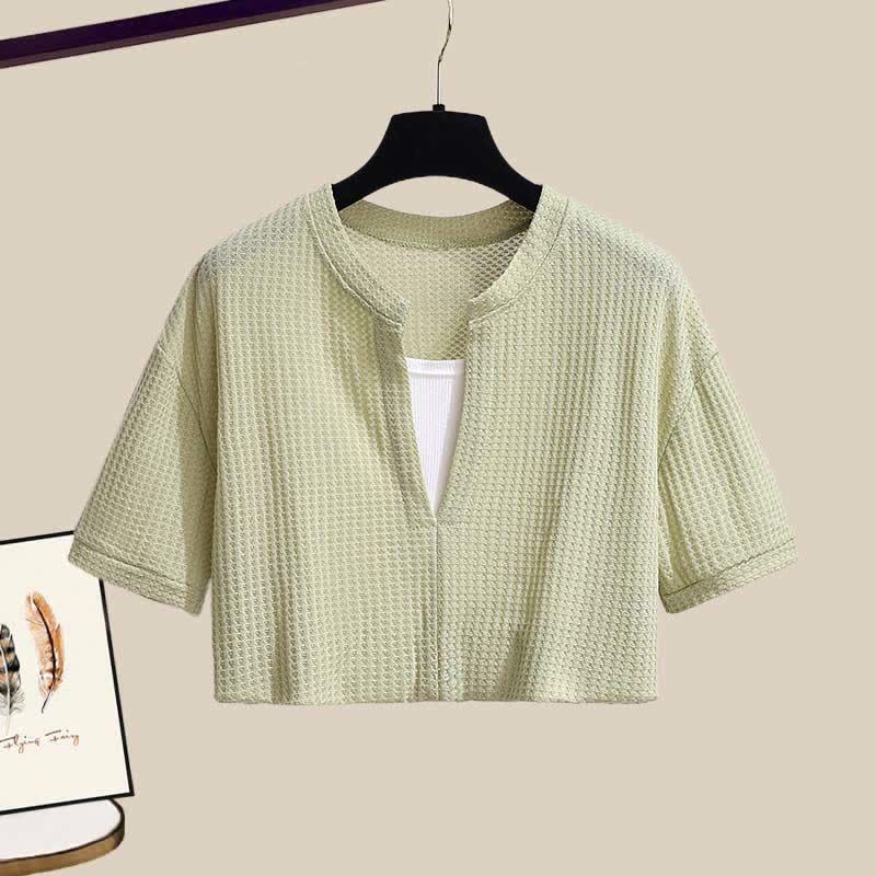 Fake Two Pieces Crop Top T-Shirt Casual Pants Two Pieces Set - image 16