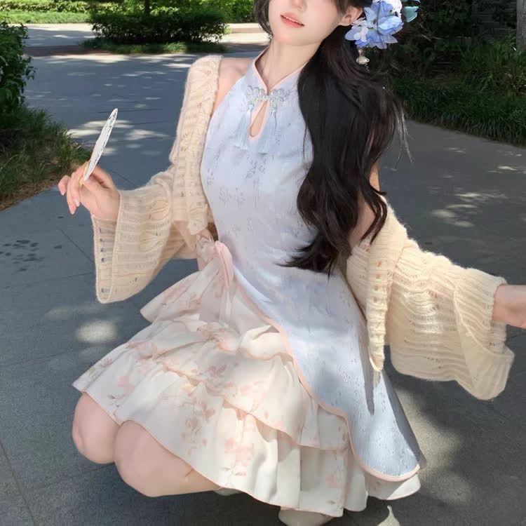Floral Halter Buckle Bow Dress Knit Cardigan Matching Outfit - image 7