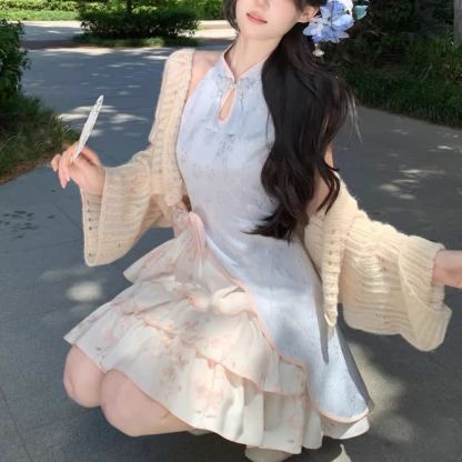 Floral Halter Buckle Bow Dress Knit Cardigan Matching Outfit - image 7