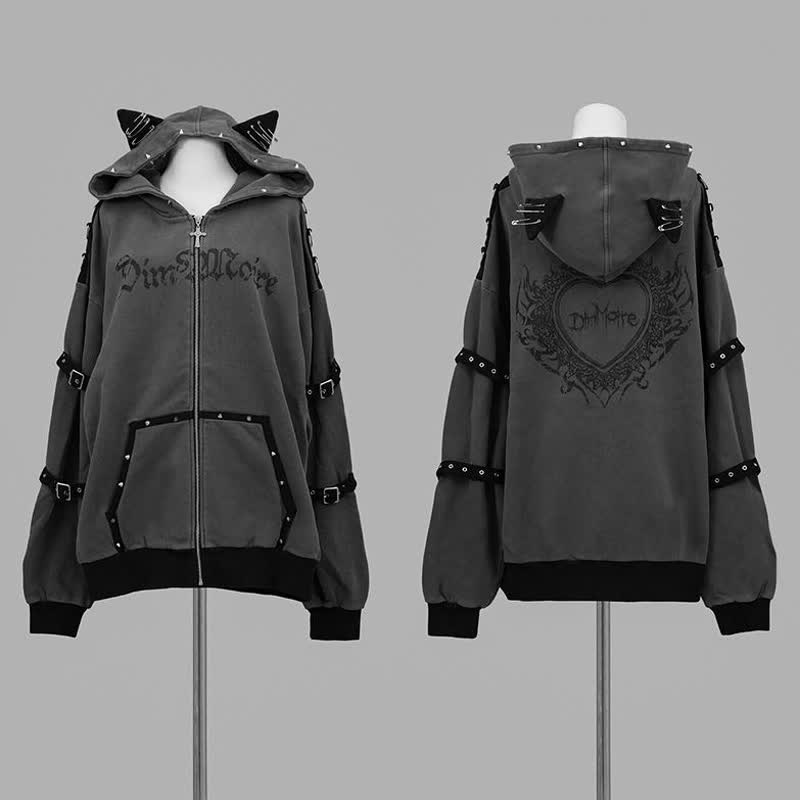 Gothic Y2K Cat Ear Zip Up Oversized Hoodie Coat - Grey - One Size - image 5