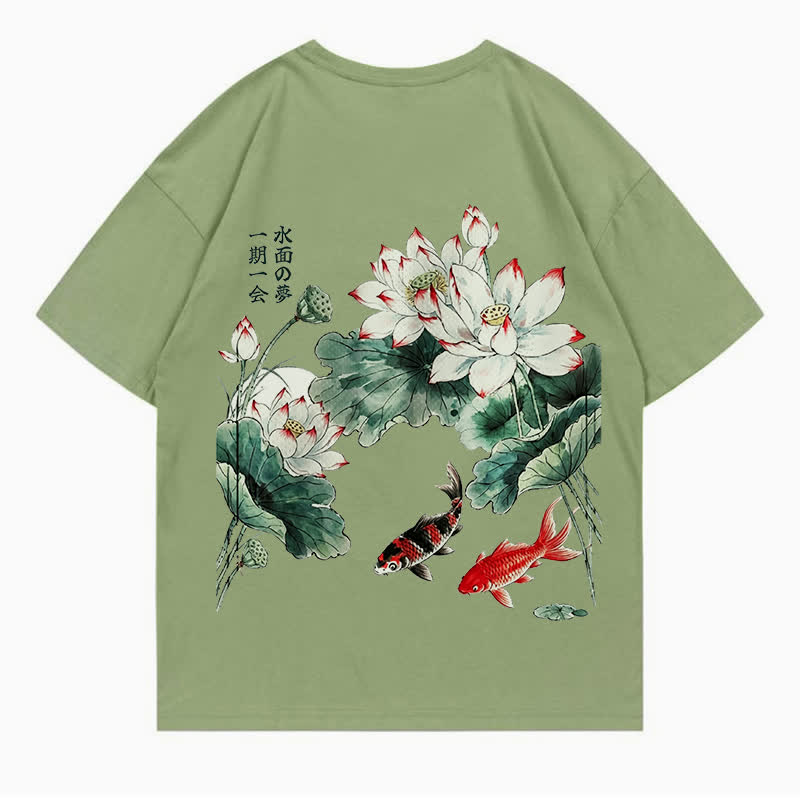 MODAKAWA Flower Fish Print Loose Summer Short Sleeve T-Shirt - Olive Green - 5XL - image 7